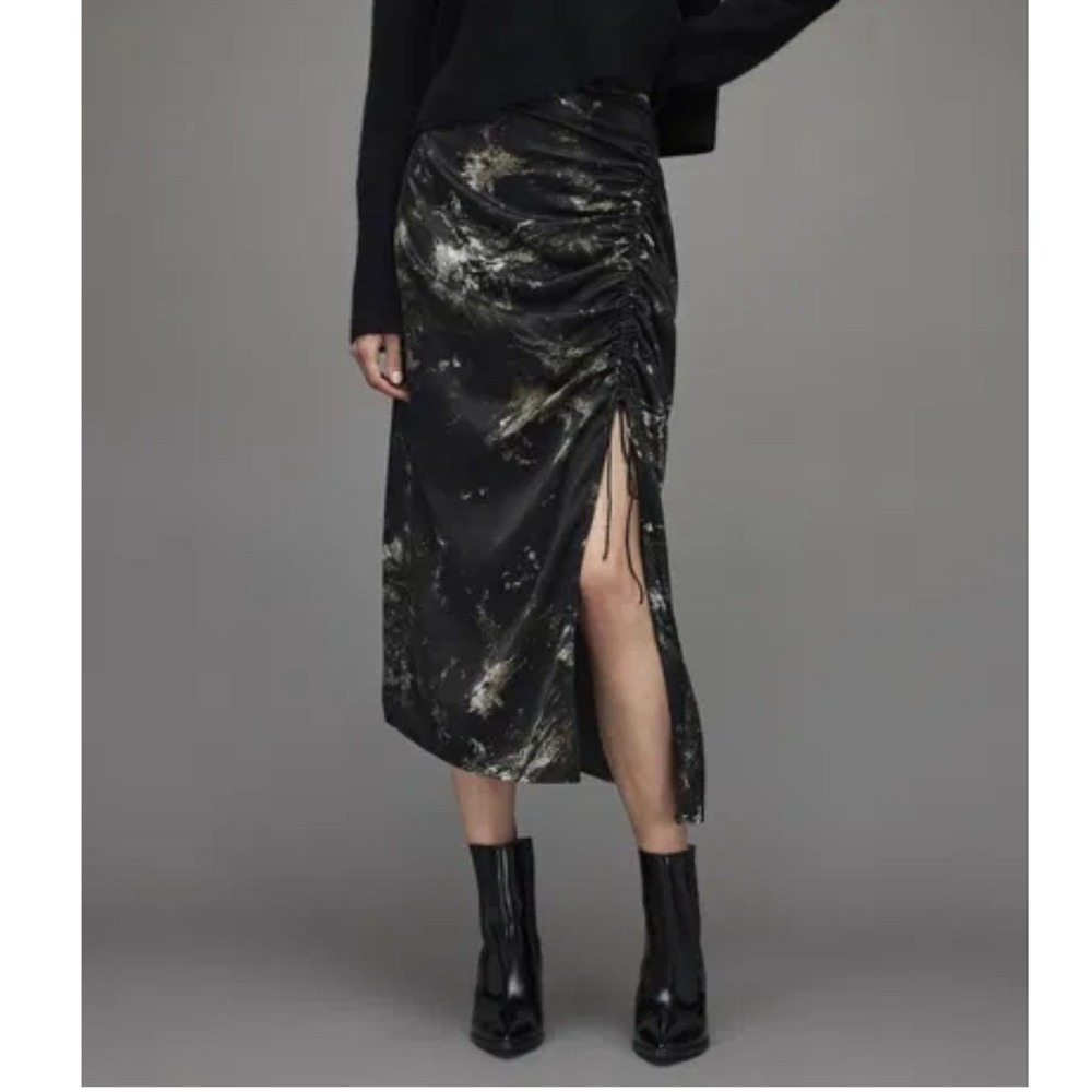 Y2K Fairy Grunge Silk Skirt MEDIUM 8 Black Whimsy Floral Ruched Slit ALLSAINTS